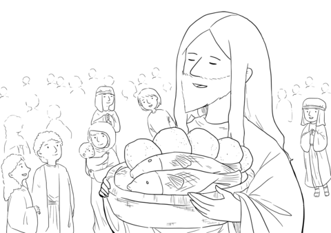 Matthew 14 19 Feeding 5,000   Jesus Is Praying While Holding Basket With Five Loaves And Two Fishes Coloring Page